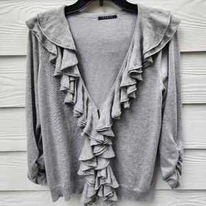 L Ruffle gray cardigan sweater